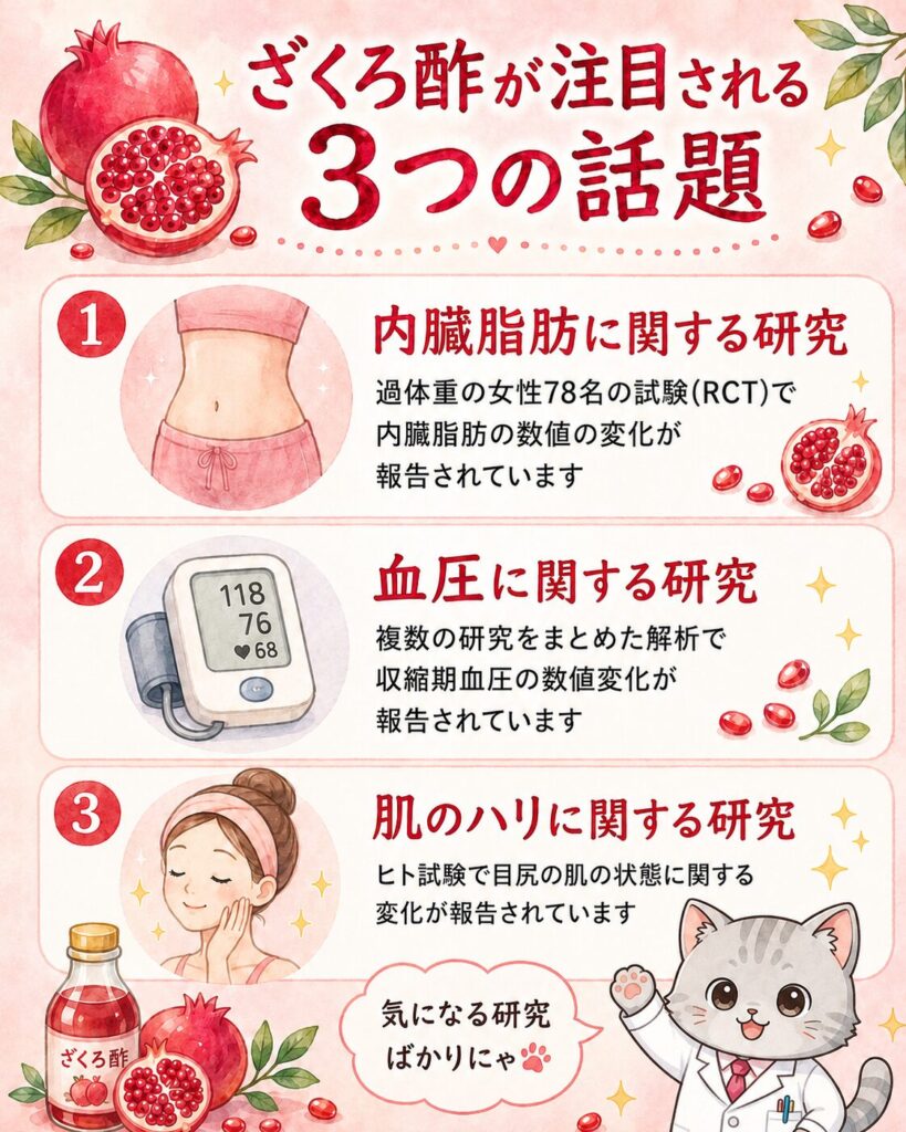 ざくろ酢が注目される3つの話題の図解(内臓脂肪・血圧・肌のハリに関する研究)