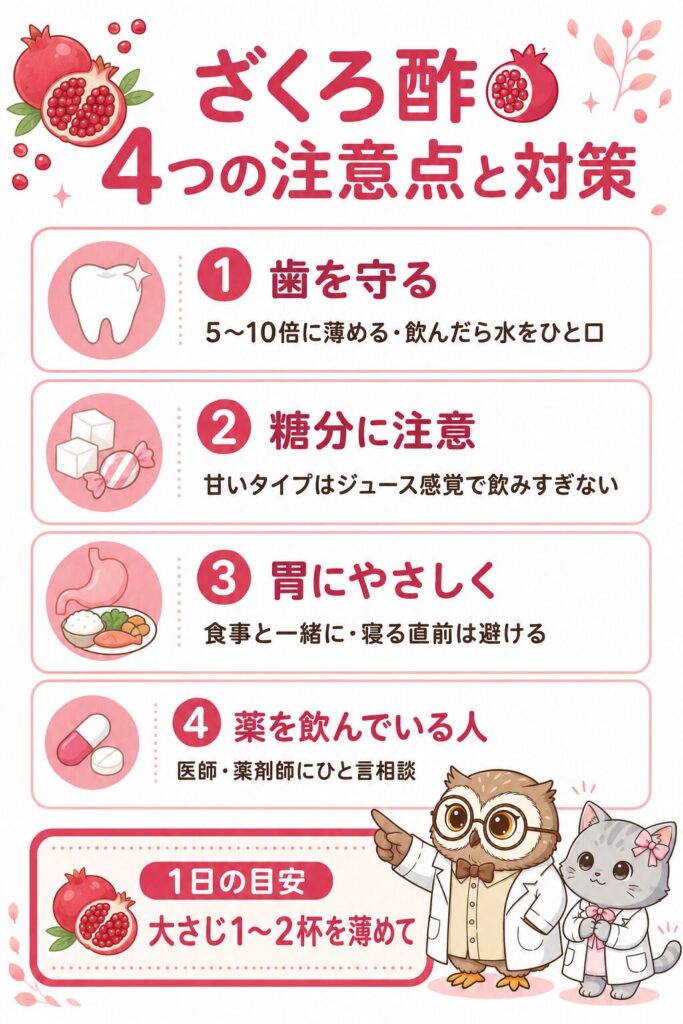 ざくろ酢の4つの注意点と対策の図解。歯を守る・糖分に注意・胃にやさしく・薬を飲んでいる人は医師や薬剤師に相談。1日の目安は大さじ1〜2杯を薄めて