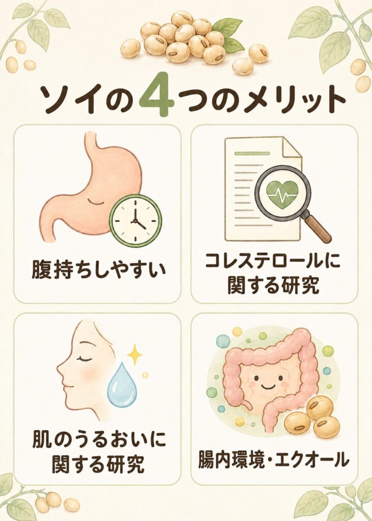 ソイプロテインの4つのメリットの図解(腹持ち・コレステロールに関する研究・肌のうるおいに関する研究・腸内環境)