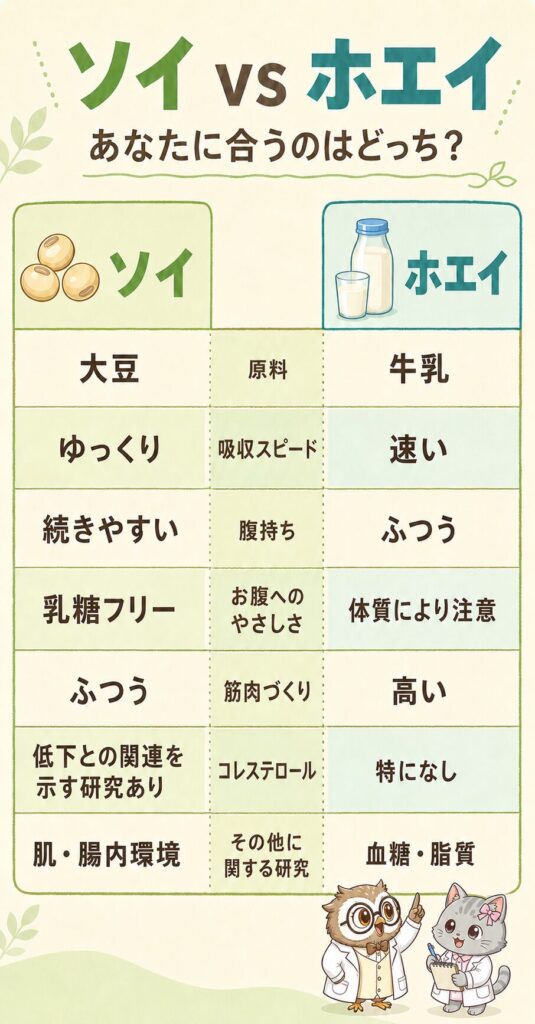 ソイプロテインとホエイプロテインの違いを7項目で比べた表(原料・吸収スピード・腹持ちなど)