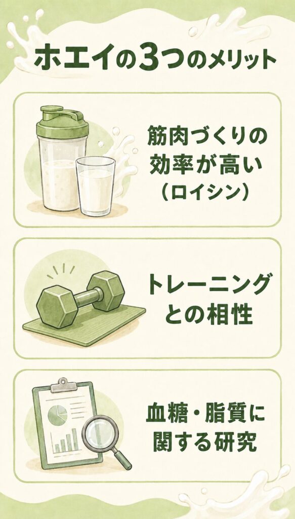 ホエイプロテインの3つのメリットの図解(筋肉づくりの効率・トレーニングとの相性・血糖と脂質に関する研究)