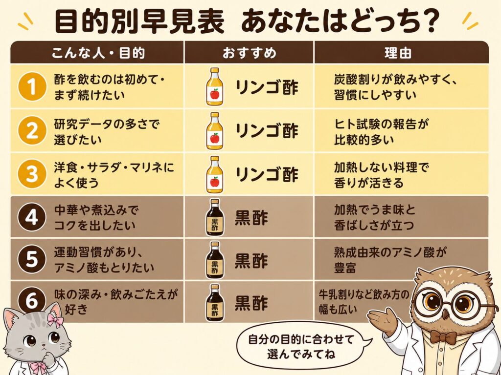 リンゴ酢と黒酢の目的別早見表。飲みやすさ・研究データ・料理での使い方など6つの目的別にどっちが合うかをまとめた比較表