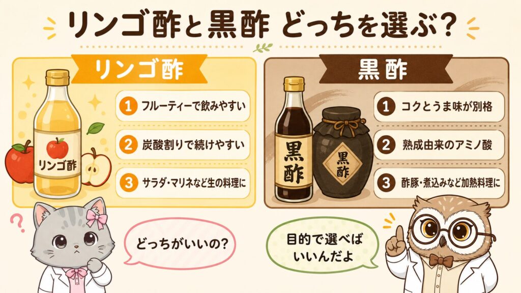 リンゴ酢と黒酢の違いと選び方の比較チャート。リンゴ酢はフルーティーで飲みやすく生の料理向き、黒酢はコクとうま味があり加熱料理向き