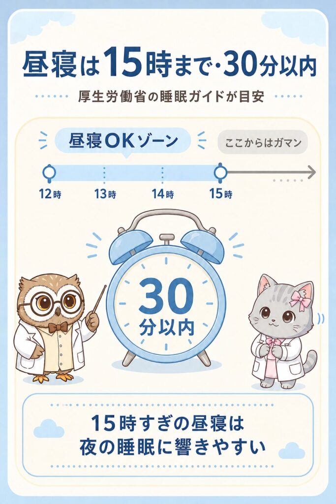 昼寝は15時まで・30分以内の目安を示すインフォグラフィック。12時から15時までが昼寝OKゾーンのタイムラインと、30分以内を示す目覚まし時計
