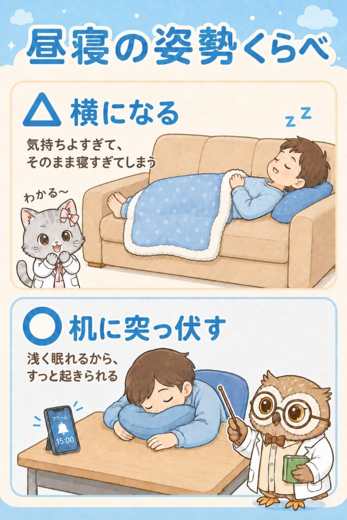 昼寝の姿勢くらべのインフォグラフィック。横になると気持ちよすぎて寝すぎてしまう、机に突っ伏すと浅く眠れてすっと起きられるという比較図