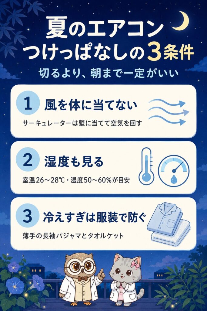 夏のエアコンつけっぱなしの3条件をまとめた図。1.風を体に当てない、2.湿度も見る、3.冷えすぎは服装で防ぐ