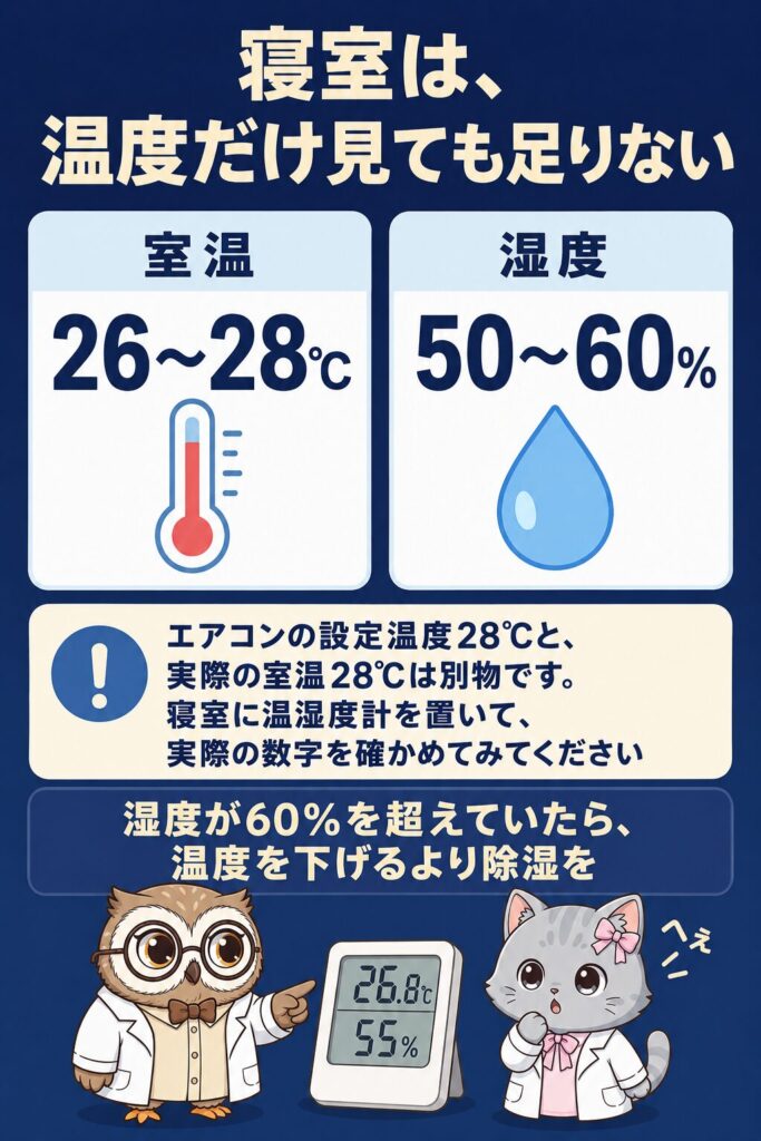 夏の寝室の目安を示した図。室温26〜28℃、湿度50〜60%。エアコンの設定温度と実際の室温は別物という注意書き付き