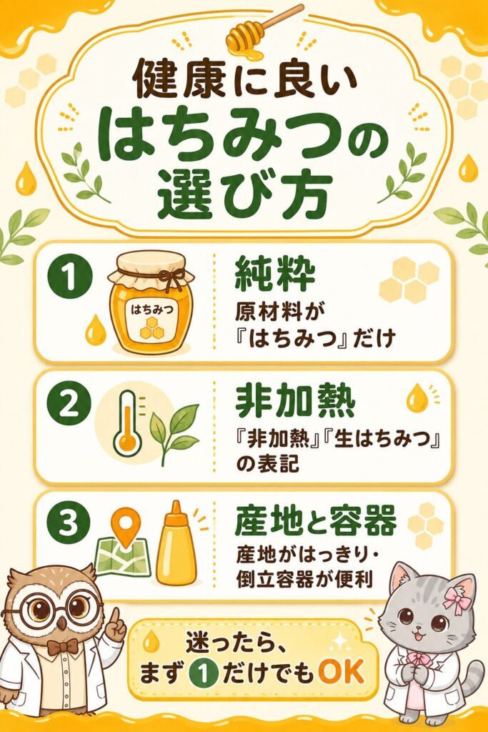健康に良いはちみつの選び方3つの軸(純粋・非加熱・産地と容器)をまとめた図解