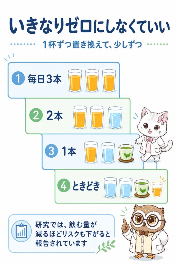 ジュースをいきなりゼロにせず、毎日3本→2本→1本→ときどきへと1杯ずつ水やお茶に置き換えて減らす手順のインフォグラフィック