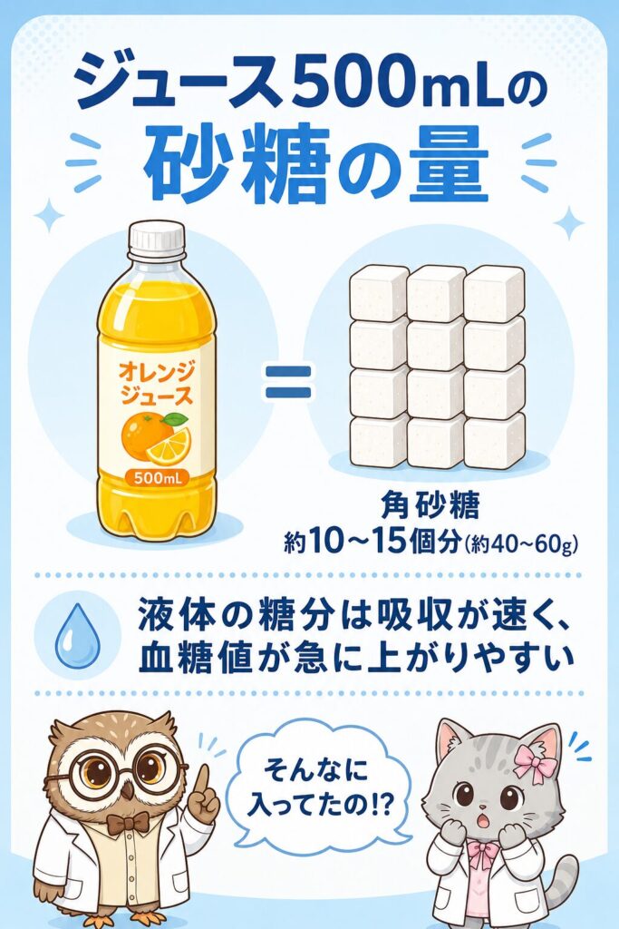 ジュース500mLに含まれる砂糖は角砂糖約10〜15個分(約40〜60g)であることを示すインフォグラフィック