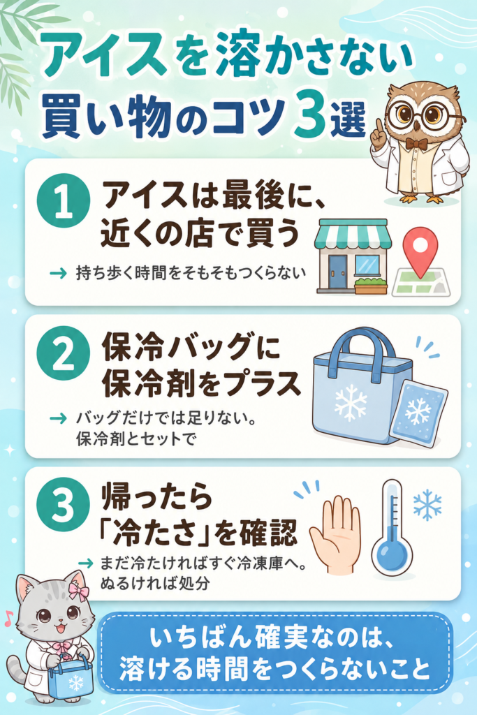 アイスを溶かさない買い物のコツ3選。1.アイスは最後に近くの店で買う 2.保冷バッグに保冷剤をプラス 3.帰ったら冷たさを確認