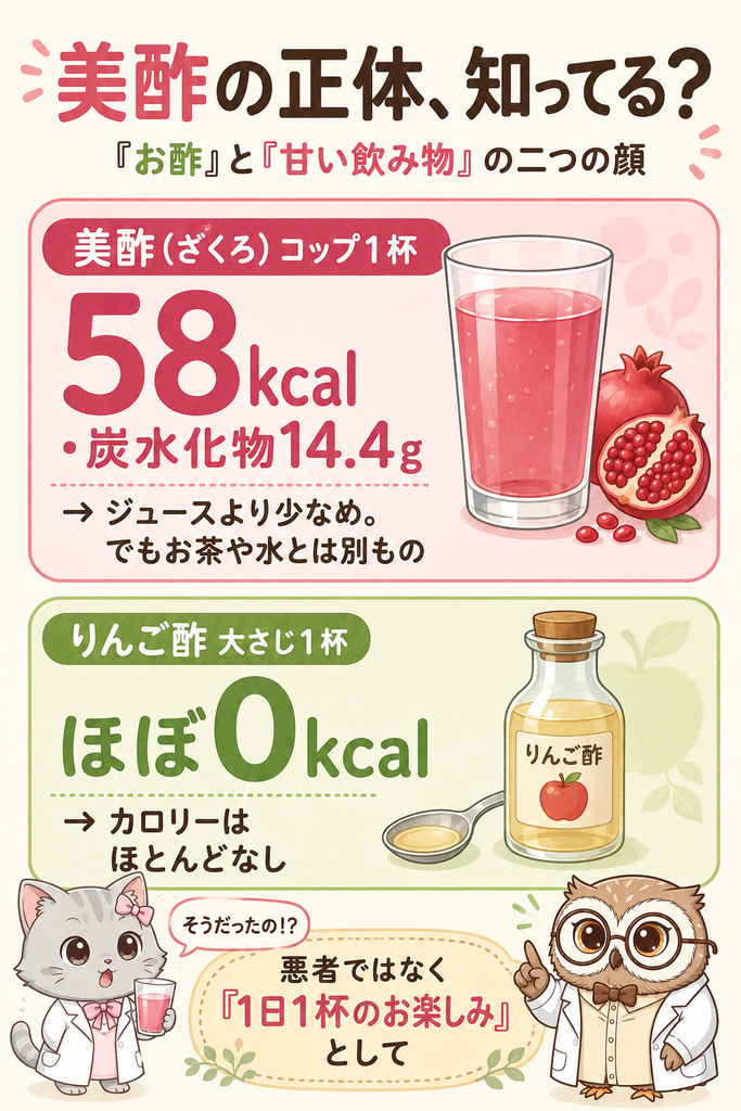 美酢の正体の図解:美酢(ざくろ)コップ1杯は58kcal・炭水化物14.4g、りんご酢大さじ1杯はほぼ0kcal