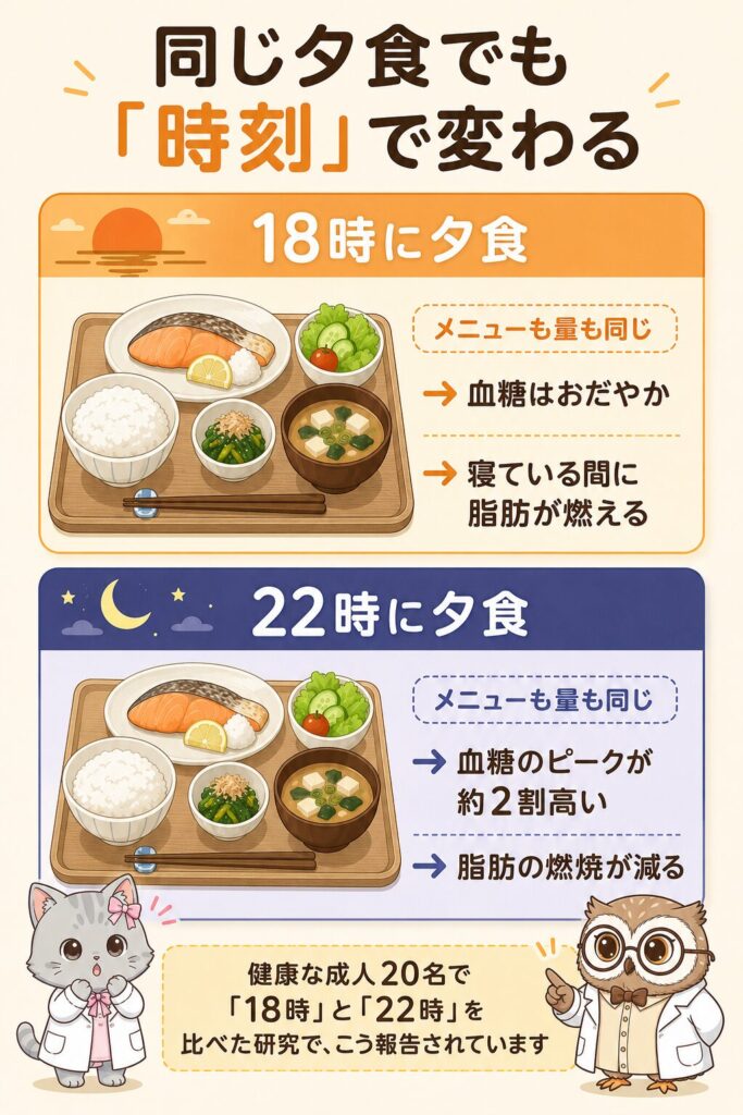 18時に夕食をとった場合と22時に夕食をとった場合の比較図解。メニューも量も同じでも、22時は血糖のピークが約2割高く、脂肪の燃焼が減ると報告されている