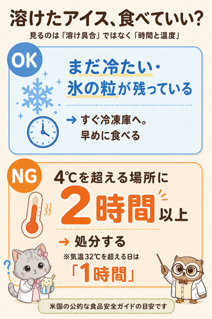 溶けたアイスを食べていいかの判断目安。まだ冷たい・氷の粒が残っていればすぐ冷凍庫へ。4℃を超える場所に2時間以上(気温32℃を超える日は1時間)なら処分する