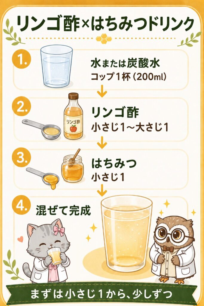 リンゴ酢×はちみつドリンクの作り方。水または炭酸水コップ1杯にリンゴ酢小さじ1〜大さじ1とはちみつ小さじ1を混ぜて完成