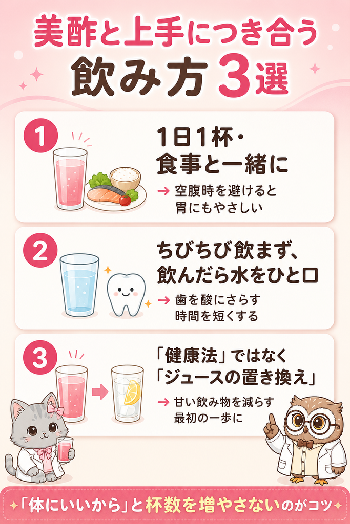 美酢と上手につき合う飲み方3選の図解:1日1杯・食事と一緒に/飲んだら水をひと口/ジュースの置き換えとして楽しむ