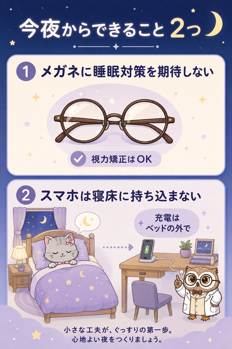 図解：今夜からできること2つ。①メガネに睡眠対策を期待しない ②スマホは寝床に持ち込まない（充電はベッドの外で）