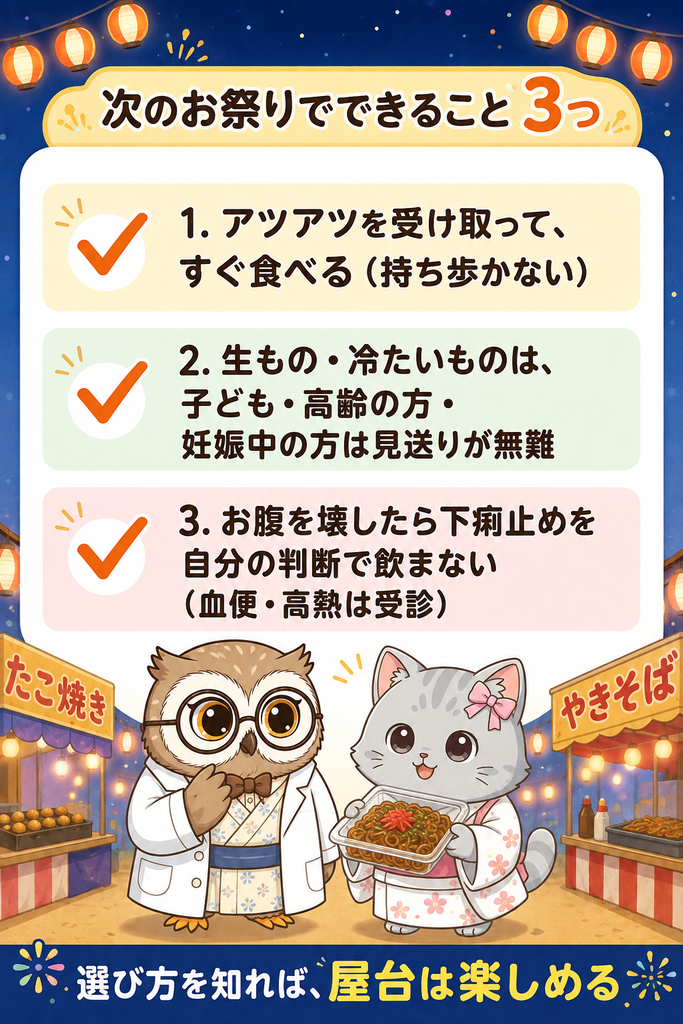 次のお祭りでできること3つのチェックリスト。アツアツをすぐ食べる、生ものや冷たいものは食べる人を選ぶ、下痢止めを自己判断で飲まない