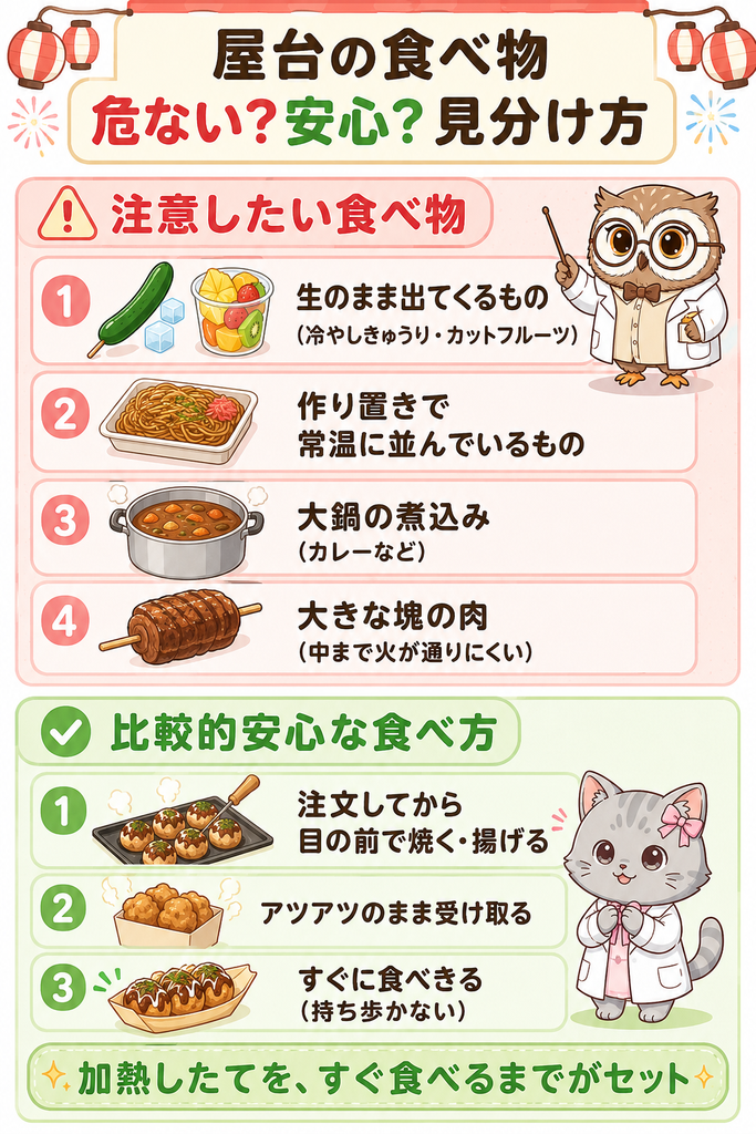 屋台の食べ物の見分け方インフォグラフィック。注意したいのは生もの・作り置き・大鍋の煮込み・大きな塊肉、比較的安心なのは目の前で加熱されたものをアツアツですぐ食べること