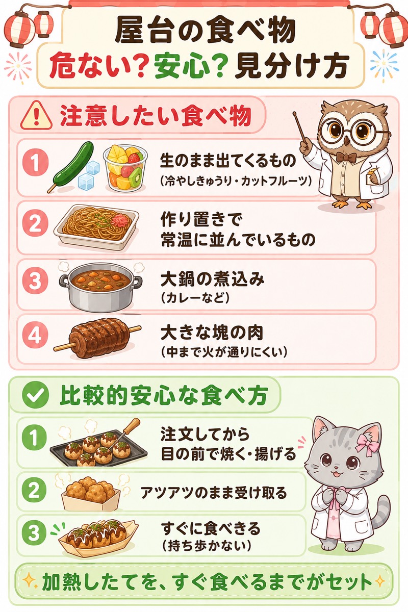 屋台の食べ物の見分け方インフォグラフィック。注意したいのは生もの・作り置き・大鍋の煮込み・大きな塊肉、比較的安心なのは目の前で加熱されたものをアツアツですぐ食べること