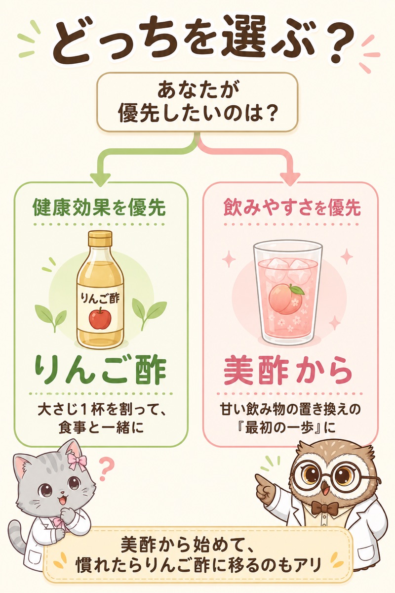 どっちを選ぶ?の分岐図。健康効果を優先ならりんご酢、飲みやすさを優先なら美酢から