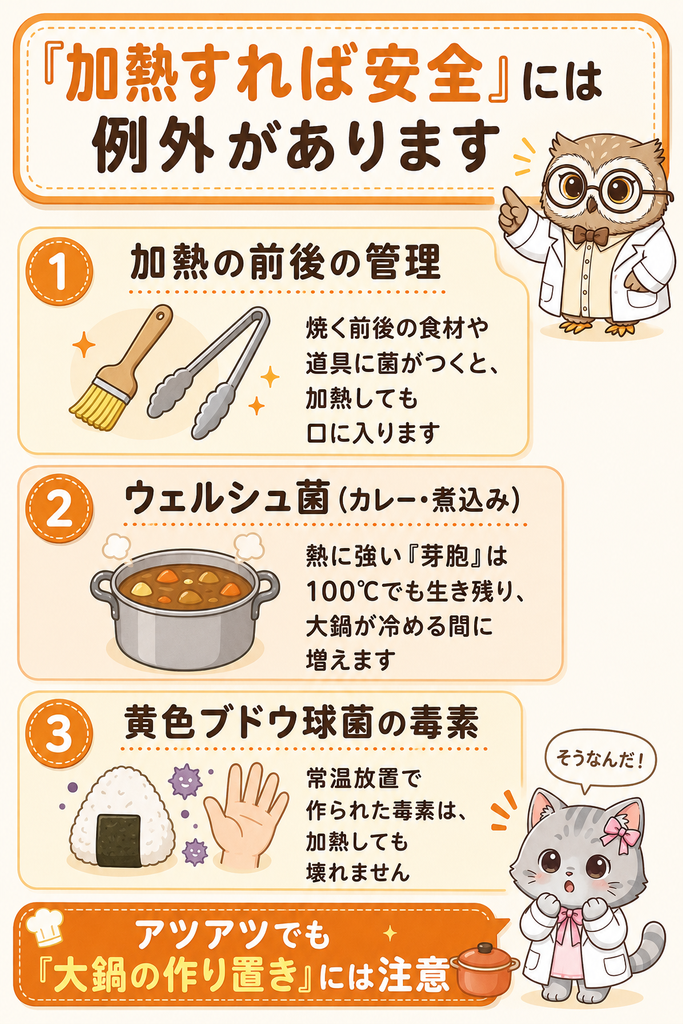 「加熱すれば安全」の例外3つのインフォグラフィック。加熱前後の管理、100℃でも生き残るウェルシュ菌の芽胞、加熱で壊れない黄色ブドウ球菌の毒素