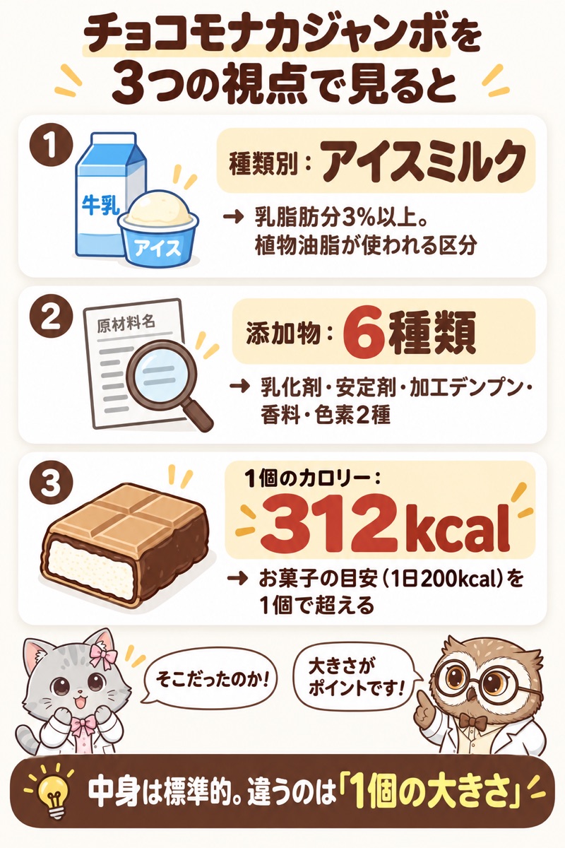 チョコモナカジャンボを種類別・添加物・カロリーの3つの視点で見た早見カード。中身は標準的で、違うのは1個の大きさ
