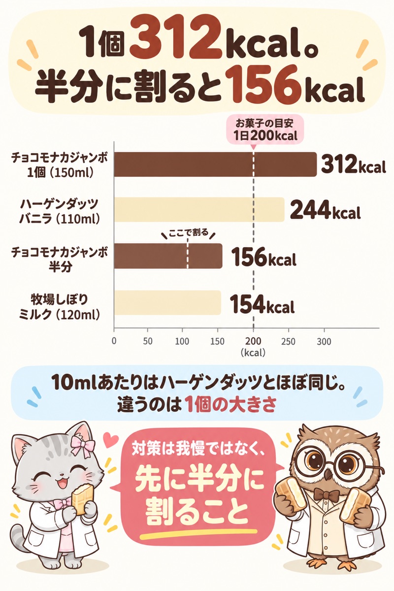 チョコモナカジャンボ1個312kcalと、ハーゲンダッツ244kcal・半分156kcal・牧場しぼり154kcalを比べた棒グラフ