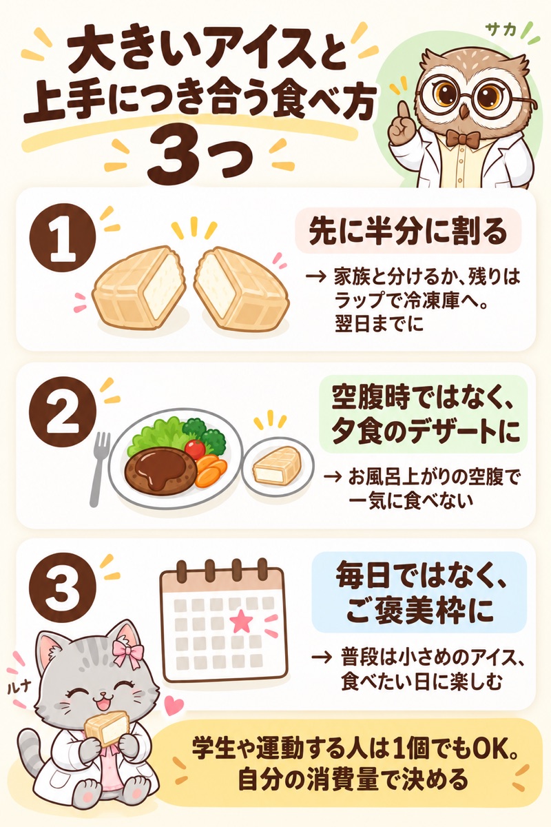 大きいアイスと上手につき合う食べ方3つ（半分に割る・食後のデザートに・ご褒美枠）のチェックリスト