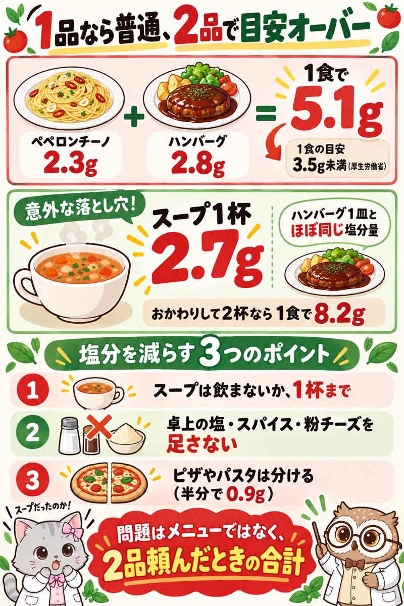 サイゼリヤの塩分量の図解。ペペロンチーノ2.3g+ディアボラ風ハンバーグ2.8gで1食5.1g。ランチスープは1杯2.7g、2杯で8.2g。塩分を抑える食べ方3つ