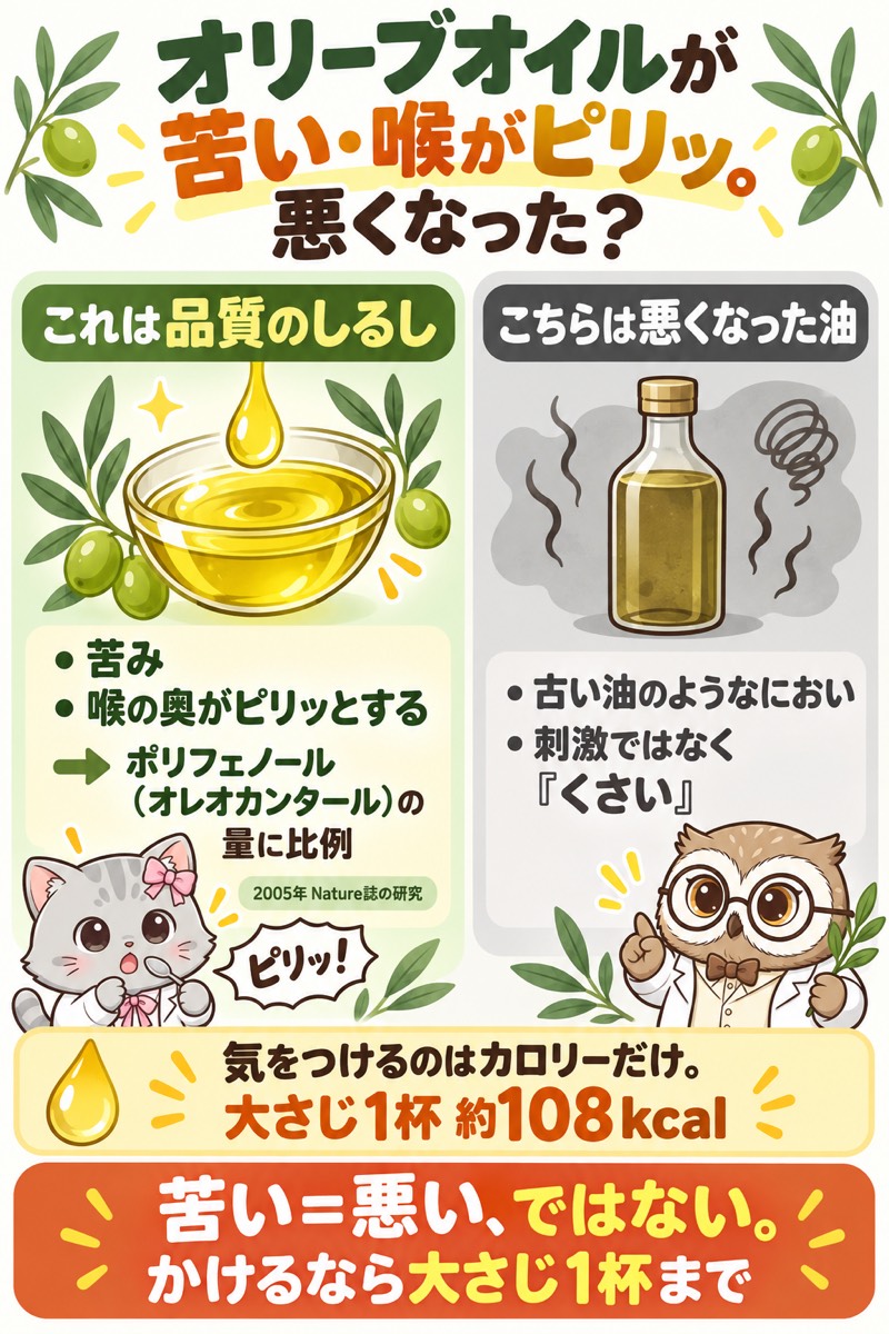 オリーブオイルの苦みと喉の刺激はポリフェノール(オレオカンタール)のしるし。悪くなった油は古い油のにおい。かけるなら大さじ1杯まで