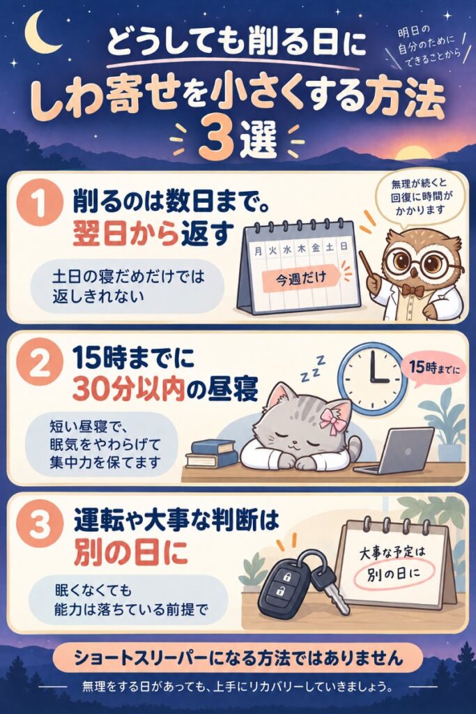 どうしても睡眠を削る日にしわ寄せを小さくする方法3選の図解。削るのは数日まで・15時までに30分以内の昼寝・運転や大事な判断は別の日に