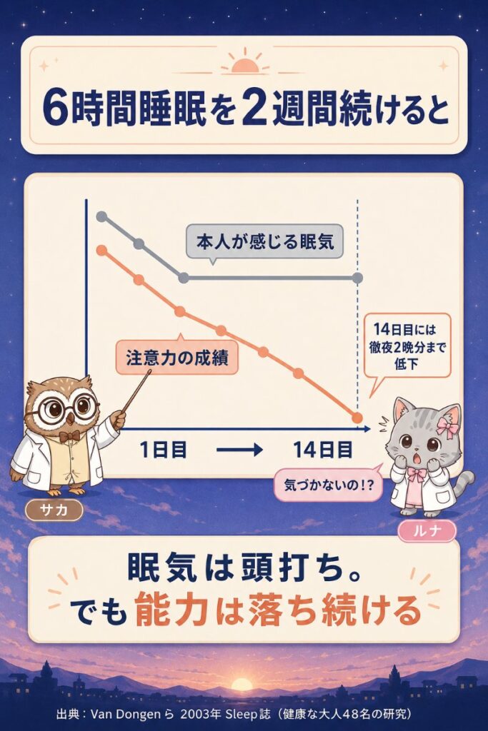 6時間睡眠を2週間続けた研究の図解。注意力の成績は下がり続けるが、本人が感じる眠気は途中で頭打ちになる