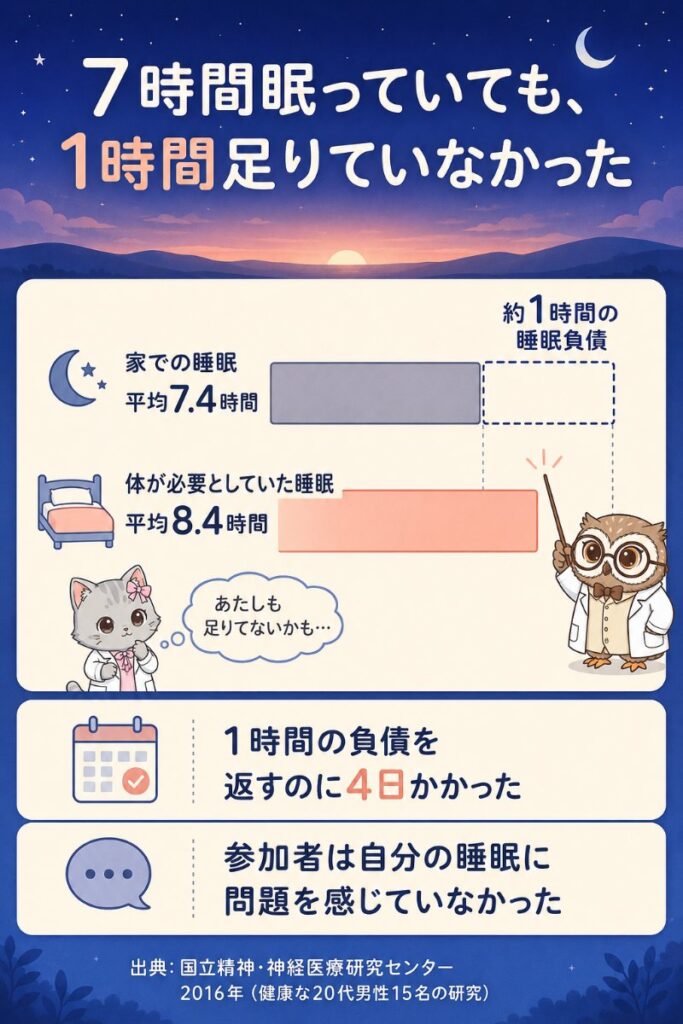 日本人の睡眠負債の研究の図解。家での睡眠は平均7.4時間、体が必要としていた睡眠は平均8.4時間で約1時間の負債。返すのに4日かかった