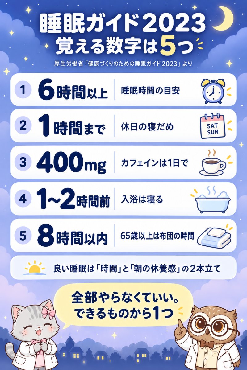 厚生労働省の睡眠ガイド2023から大人が覚えておきたい数字5つ。睡眠6時間以上・休日の寝だめは1時間まで・カフェイン1日400mg・入浴は寝る1〜2時間前・65歳以上は布団の時間8時間以内