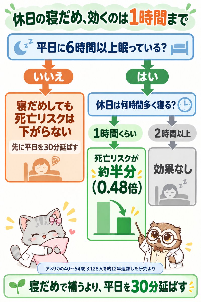 休日の寝だめが効く条件の分岐図。平日6時間以上眠っている人が1時間程度の寝だめをすると死亡リスクが約半分(0.48倍)。平日6時間未満の人や2時間以上の寝だめには効果がない