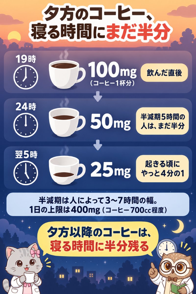 19時に飲んだコーヒー1杯分のカフェイン100mgが、半減期5時間の人では24時に50mg、翌5時に25mg残ることを示す図
