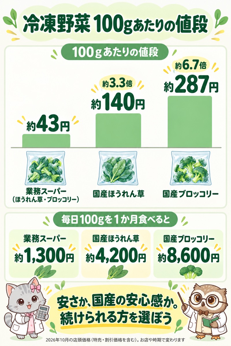 冷凍野菜の100gあたりの値段を比べた図。業務スーパー約43円、国産ほうれん草約140円、国産ブロッコリー約287円。毎日100gを1か月食べると約1,300円・約4,200円・約8,600円