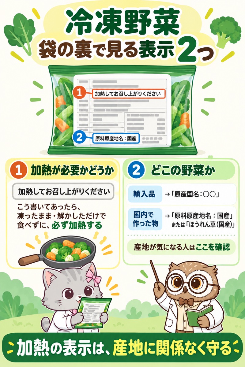 冷凍野菜の袋の裏で見る表示2つの図。1つ目は加熱が必要かどうか(加熱してお召し上がりください)、2つ目はどこの野菜か(原産国名・原料原産地名)