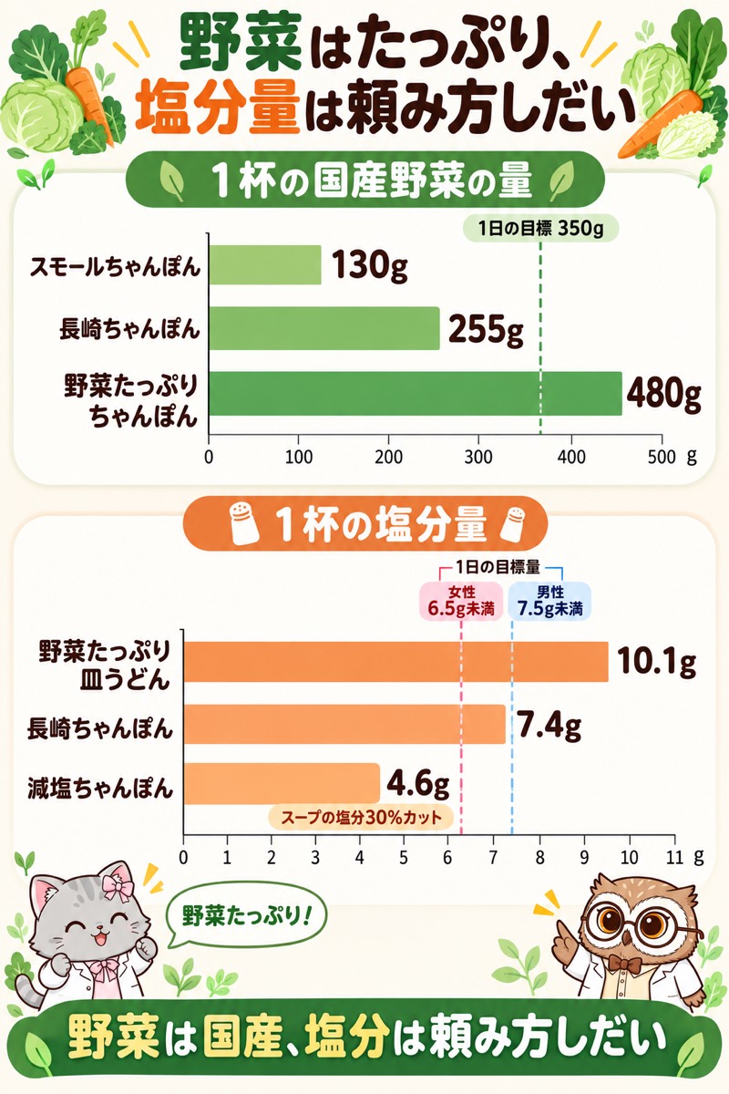 野菜はたっぷり、塩分量は頼み方しだい。1杯の国産野菜はスモール130g・長崎ちゃんぽん255g・野菜たっぷり480g（1日の目標350g）。1杯の塩分は野菜たっぷり皿うどゃ10.1g・長崎ちゃんぽん7.4g・減塩ちゃんぽん4.6g（1日の目標量 女性6.5g未満・男性7.5g未満）