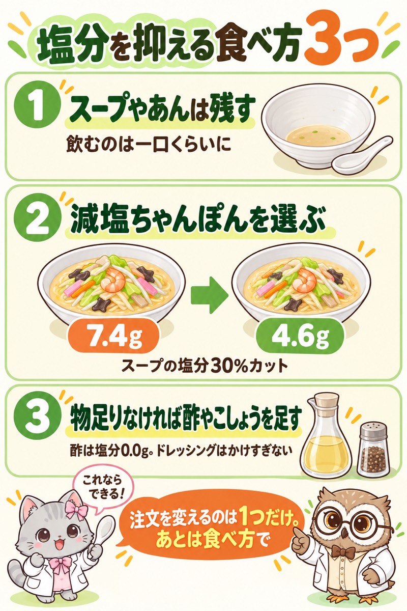 塩分を抑える食べ方 3つ。①スープやあんは残す、②減塩ちゃんぽんを選ぶ（7.4g→4.6g）、③物足りなければ酢やこしょうを足す（酢は塩分0.0g）