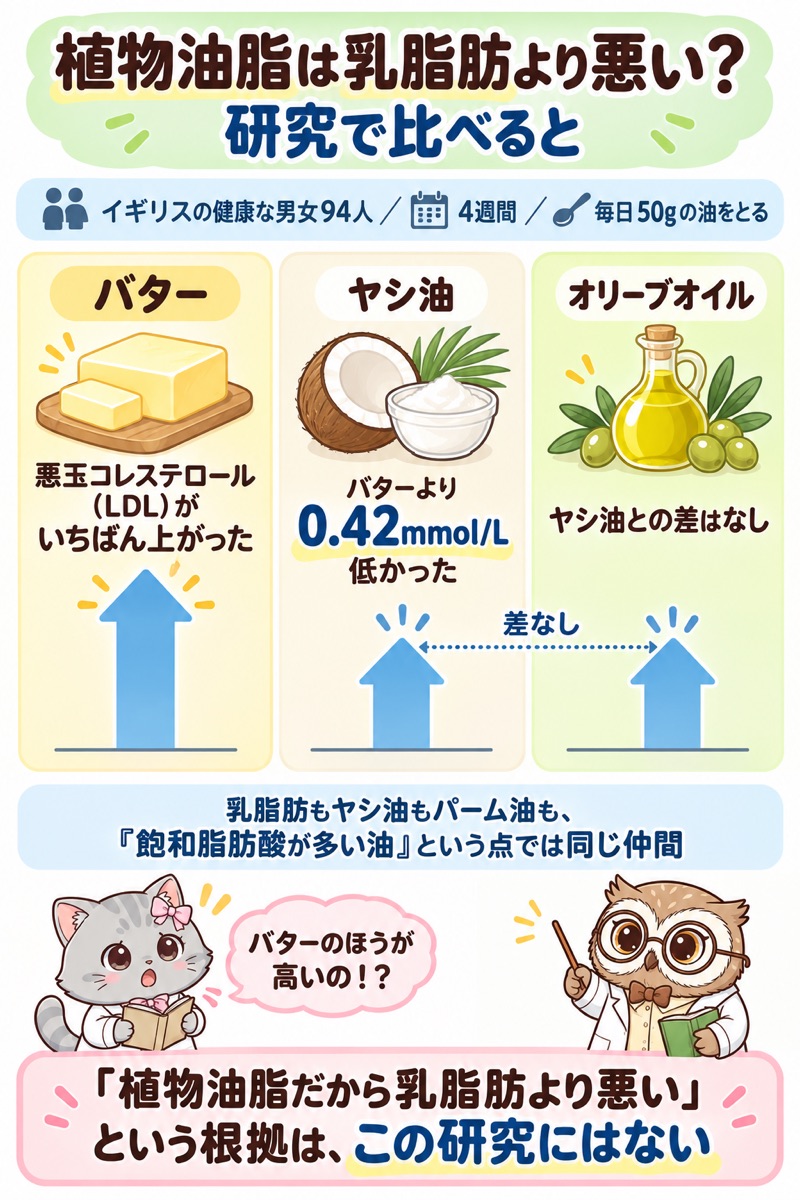 ヤシ油・バター・オリーブオイルを4週間とった研究の図解。悪玉コレステロールはバターがヤシ油より0.42mmol/L高く、ヤシ油とオリーブオイルは差なし