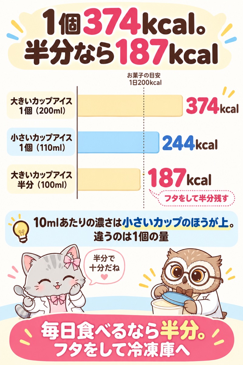 スーパーカップ1個374kcalと半分187kcal、ハーゲンダッツ244kcalを比べた棒グラフ。半分ならお菓子1日分の目安200kcalに収まる