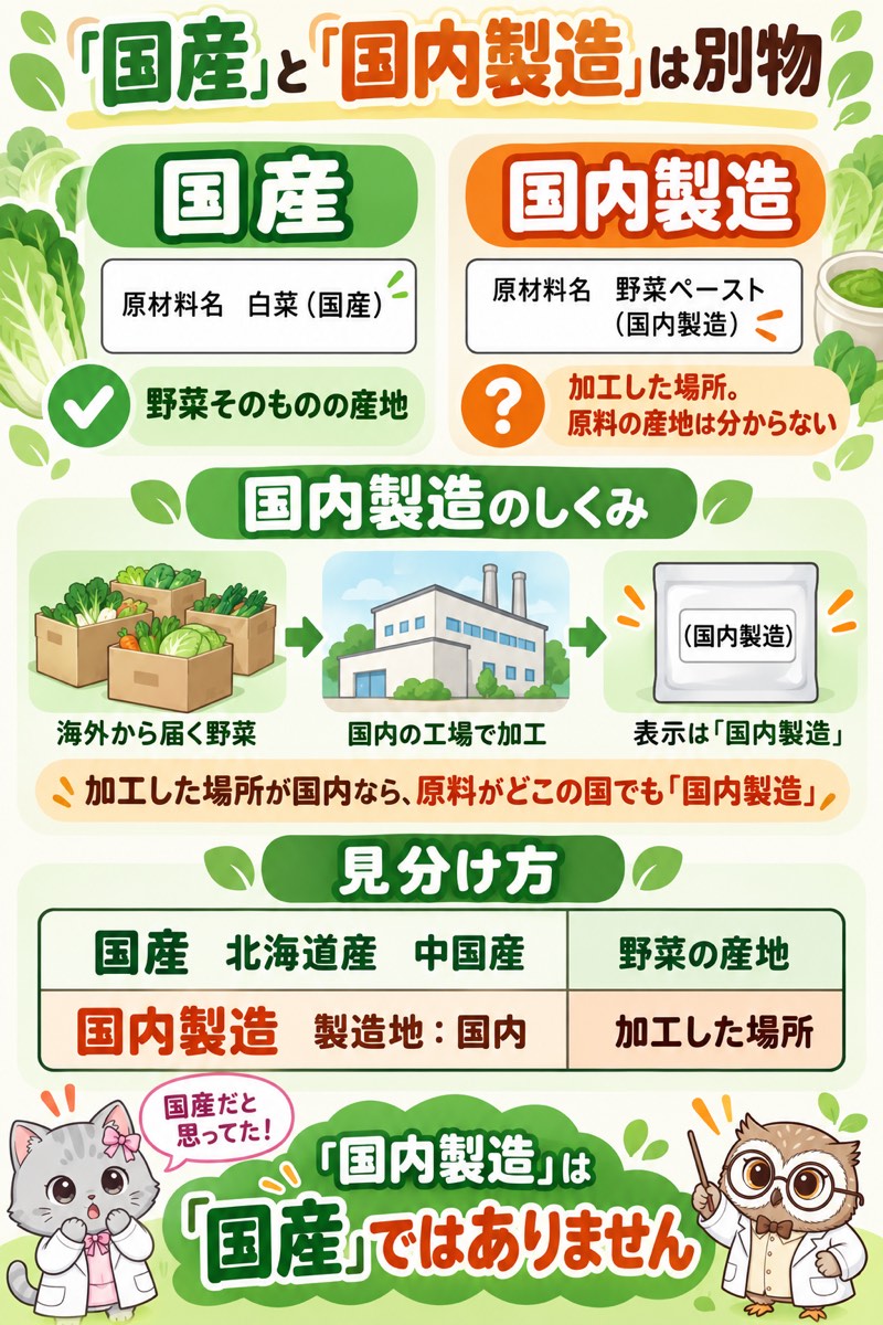 「国産」と「国内製造」の違いの図解。国産は野菜そのものの産地、国内製造は加工した場所で原料の産地は分からない