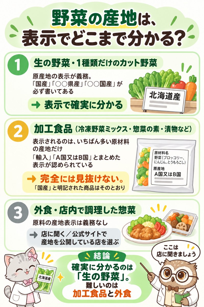 野菜の産地が表示でどこまで分かるかの早見表。生鮮は確実に分かる、加工食品は限界あり、外食と店内調理の惣菜は表示の義務なし