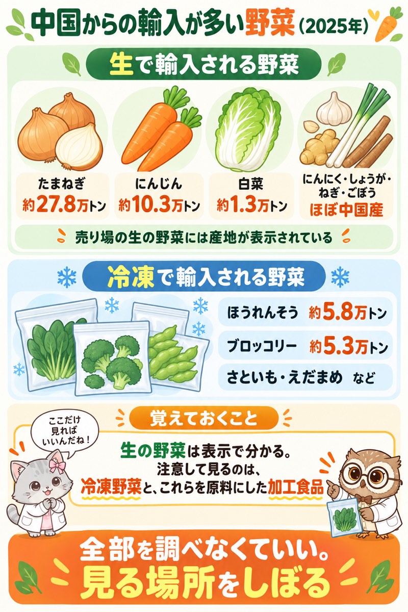 中国からの輸入が多い野菜(2025年速報)。たまねぎ約27.8万トン、にんじん約10.3万トン、白菜約1.3万トン、冷凍ほうれんそう約5.8万トンなど