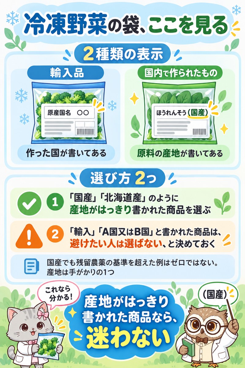 冷凍野菜の袋の見方。輸入品は原産国名、国内で作られたものは原料の産地が書かれている。産地がはっきり書かれた商品を選ぶ